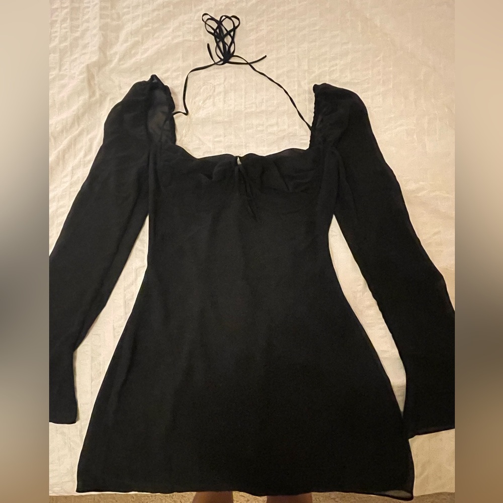 House of CB Black Mini Dress with Sheer Long Sleeves - Picture 7 of 8